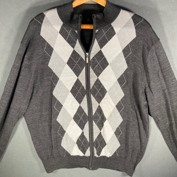 Toscano XXL Mens Gray Argyle 50% Merino Wool Full Zip Cardigan Sweater - Picture 1 of 9